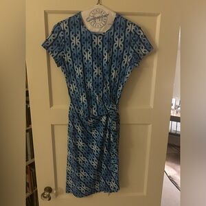 Blue Patterned Midi Dress with Waist Tie